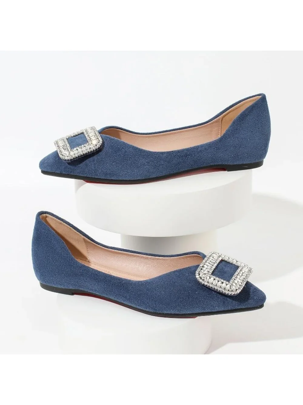 Women's Blue Suede Pointed Toe Rhinestone Ballet Flats Slip On Party Dress Shoes